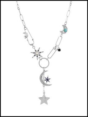 Gothic Boho Moon Star Charm Necklace Copper Crystal 16.5 in